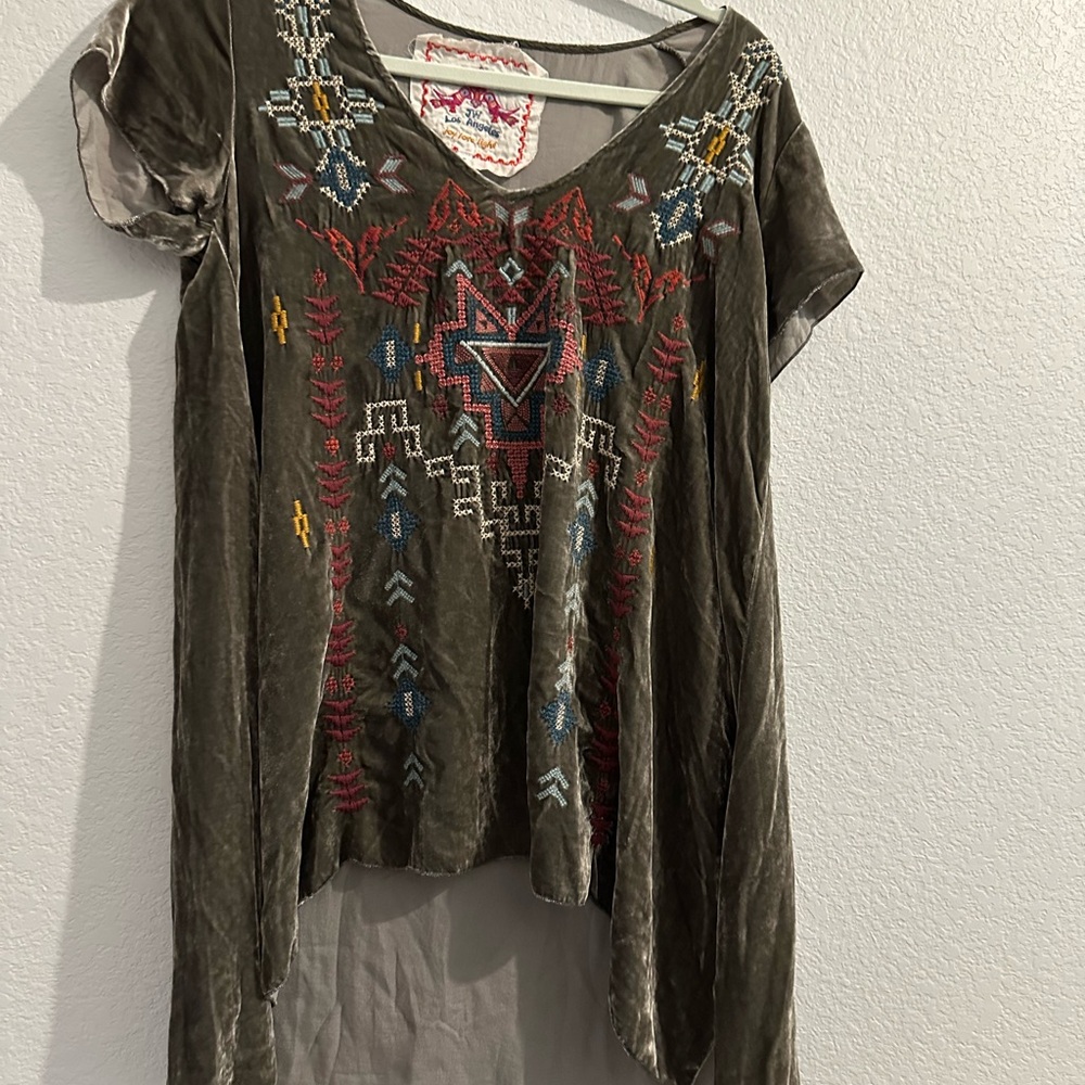Johnny Was Tisha Embroidered Olive Green Women Top